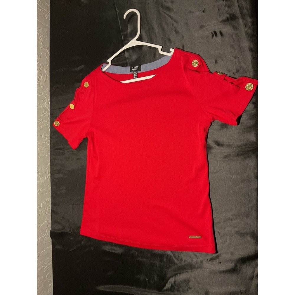 Jones New York Signature Red Cotton Top Gold Anchor Buttons Nautical XL